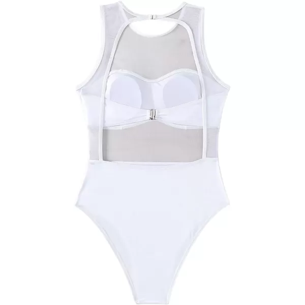 WDIRARA Women's Contrast Mesh See Through One Piece Swimsuit Solid Cut Out Scoop Neck Swimwear Bathing Suit