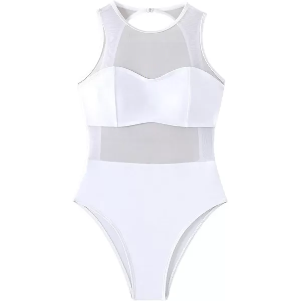 WDIRARA Women's Contrast Mesh See Through One Piece Swimsuit Solid Cut Out Scoop Neck Swimwear Bathing Suit