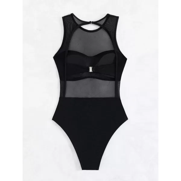 WDIRARA Women's Contrast Mesh See Through One Piece Swimsuit Solid Cut Out Scoop Neck Swimwear Bathing Suit