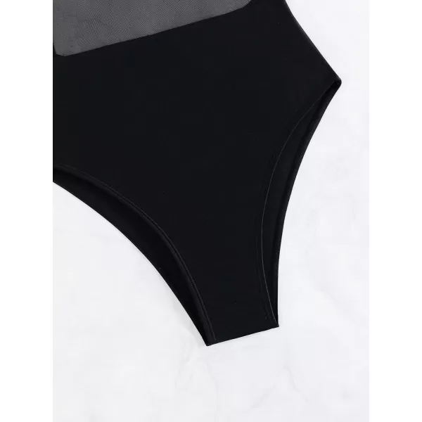 WDIRARA Women's Contrast Mesh See Through One Piece Swimsuit Solid Cut Out Scoop Neck Swimwear Bathing Suit