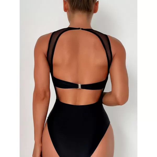 WDIRARA Women's Contrast Mesh See Through One Piece Swimsuit Solid Cut Out Scoop Neck Swimwear Bathing Suit
