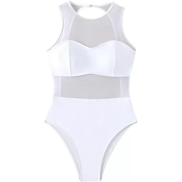 WDIRARA Women's Contrast Mesh See Through One Piece Swimsuit Solid Cut Out Scoop Neck Swimwear Bathing Suit