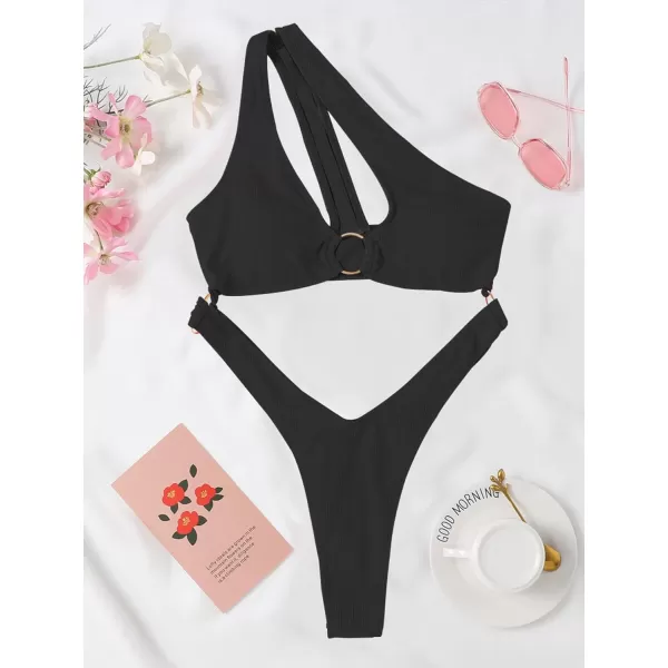 WDIRARA Women's Cut Out One Shoulder Ring High Cut Cheeky Thong One Piece Swimsuit