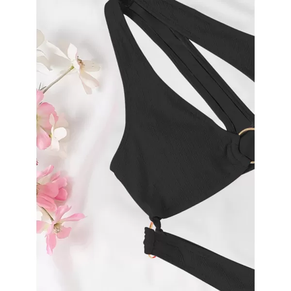 WDIRARA Women's Cut Out One Shoulder Ring High Cut Cheeky Thong One Piece Swimsuit