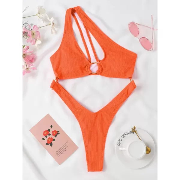 WDIRARA Women's Cut Out One Shoulder Ring High Cut Cheeky Thong One Piece Swimsuit