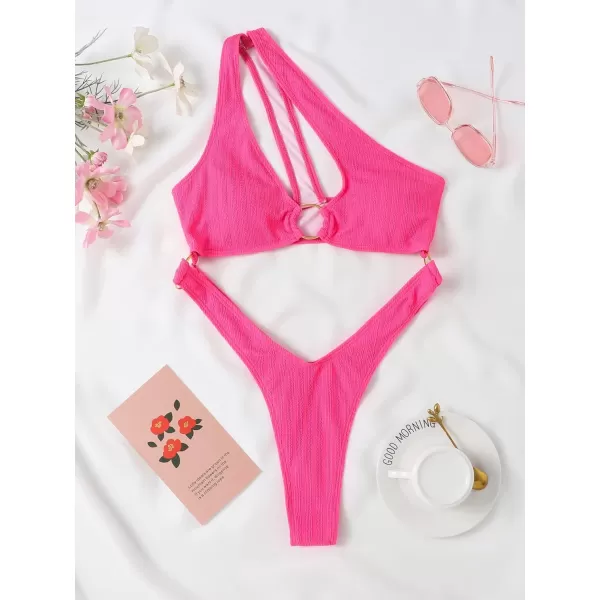 WDIRARA Women's Cut Out One Shoulder Ring High Cut Cheeky Thong One Piece Swimsuit