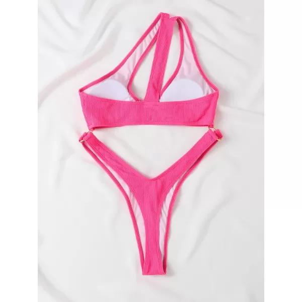 WDIRARA Women's Cut Out One Shoulder Ring High Cut Cheeky Thong One Piece Swimsuit
