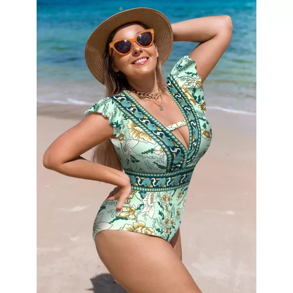WDIRARA Women's Floral Print Ruffle Sleeve Cut Out One Piece Swimsuit Monokini