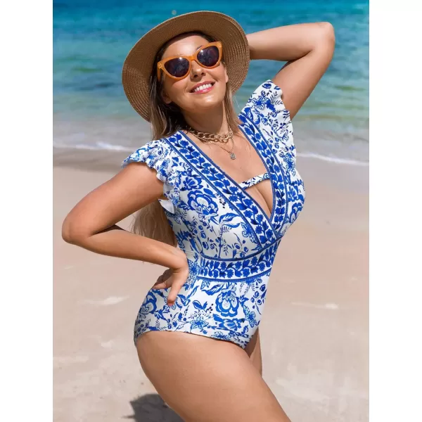 WDIRARA Women's Floral Print Ruffle Sleeve Cut Out One Piece Swimsuit Monokini