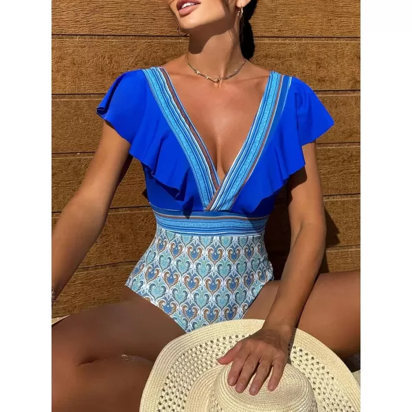 WDIRARA Women's One-Piece Tribal Print Ruffle Hem Bikini Swimwear Plunge V Neck Cap Sleeve Backless Swimsuit