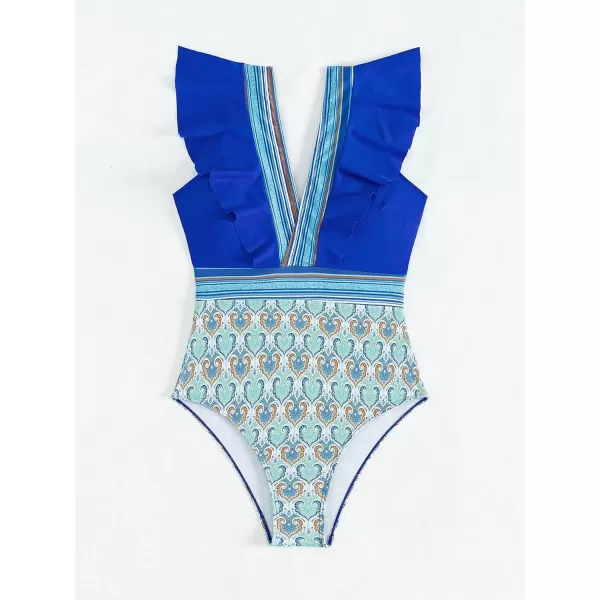 WDIRARA Women's One-Piece Tribal Print Ruffle Hem Bikini Swimwear Plunge V Neck Cap Sleeve Backless Swimsuit
