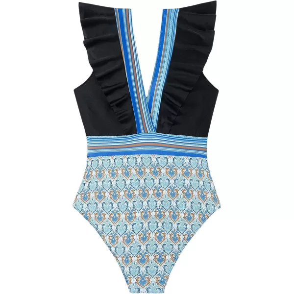 WDIRARA Women's One-Piece Tribal Print Ruffle Hem Bikini Swimwear Plunge V Neck Cap Sleeve Backless Swimsuit