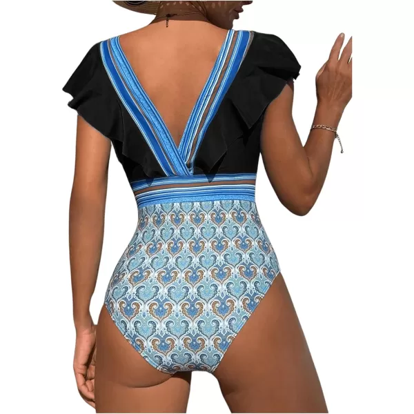 WDIRARA Women's One-Piece Tribal Print Ruffle Hem Bikini Swimwear Plunge V Neck Cap Sleeve Backless Swimsuit