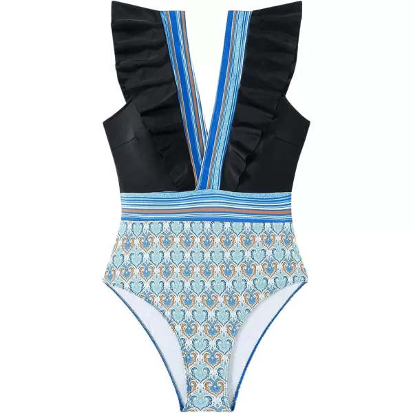 WDIRARA Women's One-Piece Tribal Print Ruffle Hem Bikini Swimwear Plunge V Neck Cap Sleeve Backless Swimsuit