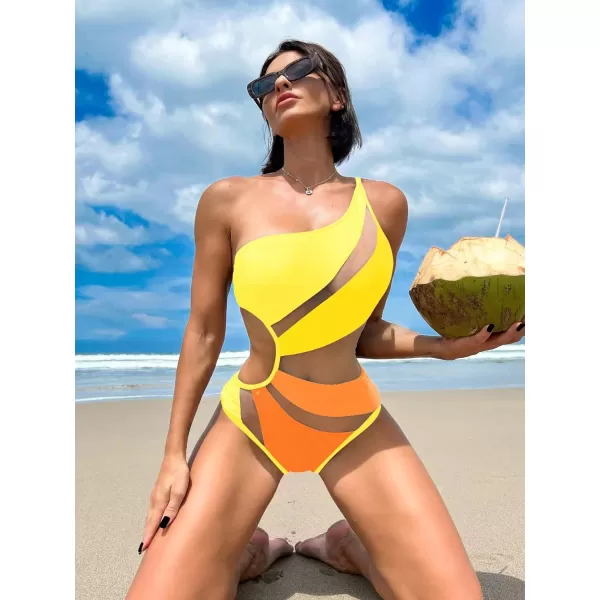 WDIRARA Women's One Shoulder Cut Out Mesh Contrast Sexy One Piece Swimsuit Bikini