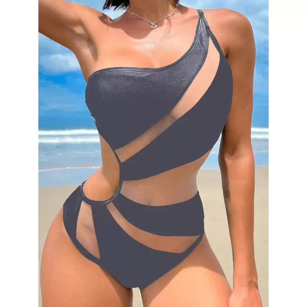 WDIRARA Women's One Shoulder Cut Out Mesh Contrast Sexy One Piece Swimsuit Bikini