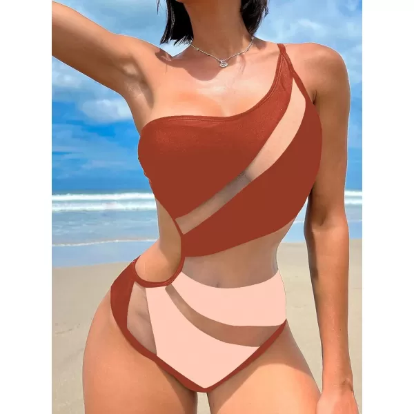 WDIRARA Women's One Shoulder Cut Out Mesh Contrast Sexy One Piece Swimsuit Bikini