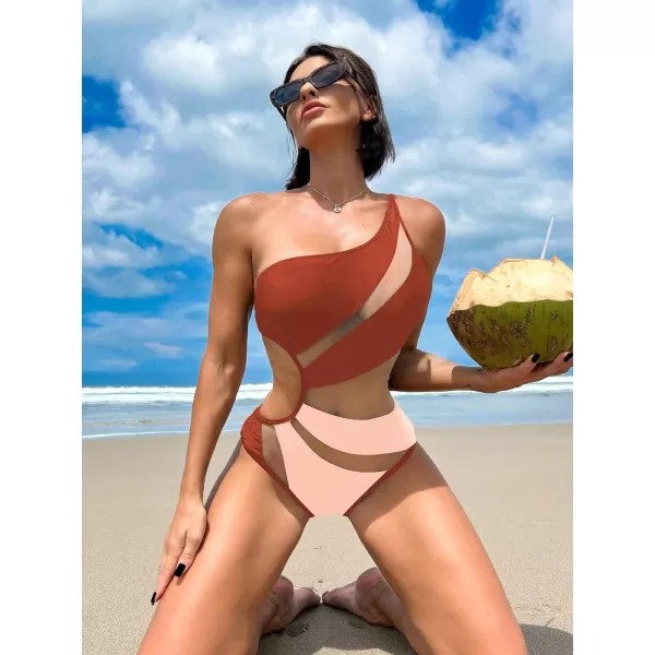WDIRARA Women's One Shoulder Cut Out Mesh Contrast Sexy One Piece Swimsuit Bikini