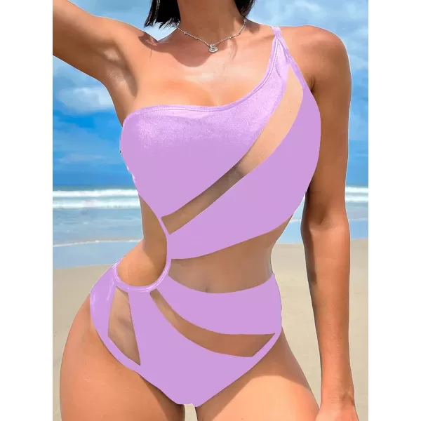 WDIRARA Women's One Shoulder Cut Out Mesh Contrast Sexy One Piece Swimsuit Bikini