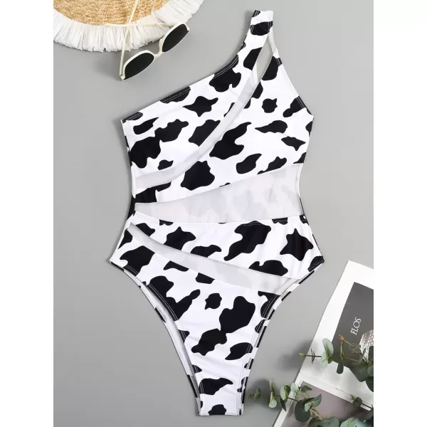 WDIRARA Women's One Shoulder Cut Out Mesh Contrast Sexy One Piece Swimsuit Bikini