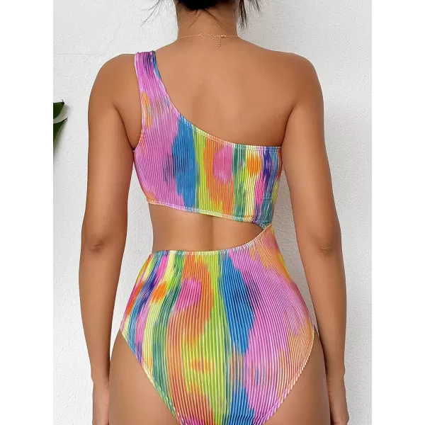 WDIRARA Women's One Shoulder Cut Out Tie Dye Tummy Control Swimsuit Ribbed Monokini Bathing Suits