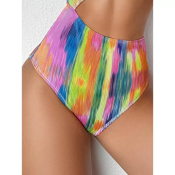 WDIRARA Women's One Shoulder Cut Out Tie Dye Tummy Control Swimsuit Ribbed Monokini Bathing Suits