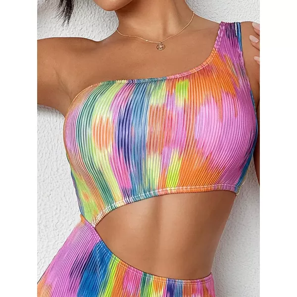 WDIRARA Women's One Shoulder Cut Out Tie Dye Tummy Control Swimsuit Ribbed Monokini Bathing Suits