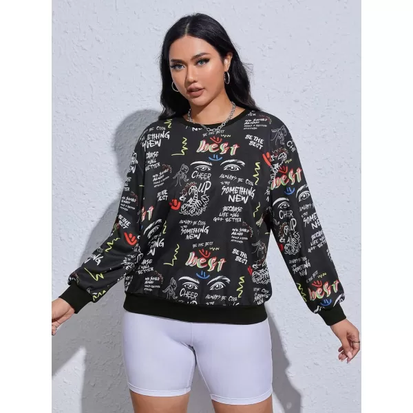 WDIRARA Women's Plus Size Cartoon Graffiti Print Sweatshirt Drop Shoulder Long Sleeve Round Neck Pullover Top