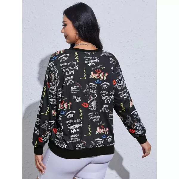 WDIRARA Women's Plus Size Cartoon Graffiti Print Sweatshirt Drop Shoulder Long Sleeve Round Neck Pullover Top