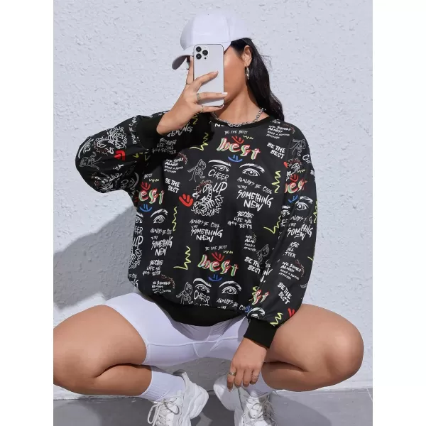 WDIRARA Women's Plus Size Cartoon Graffiti Print Sweatshirt Drop Shoulder Long Sleeve Round Neck Pullover Top