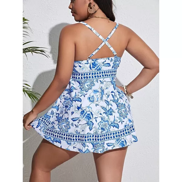 WDIRARA Women's Plus Size Floral Print V Neck Bikini Swimsuit Two Piece Bathing Suit Swim Dress and Bottom
