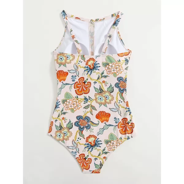 WDIRARA Women's Random Floral Print Swimwear High Neck Sleeveless Onepiece Swimsuit