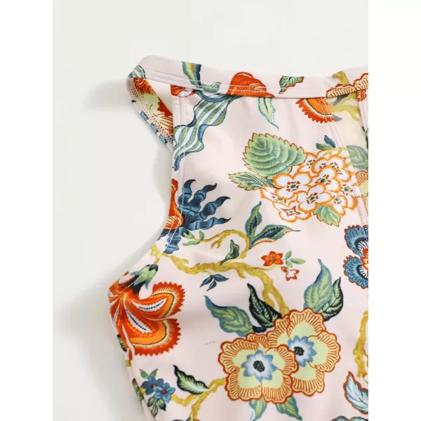 WDIRARA Women's Random Floral Print Swimwear High Neck Sleeveless Onepiece Swimsuit