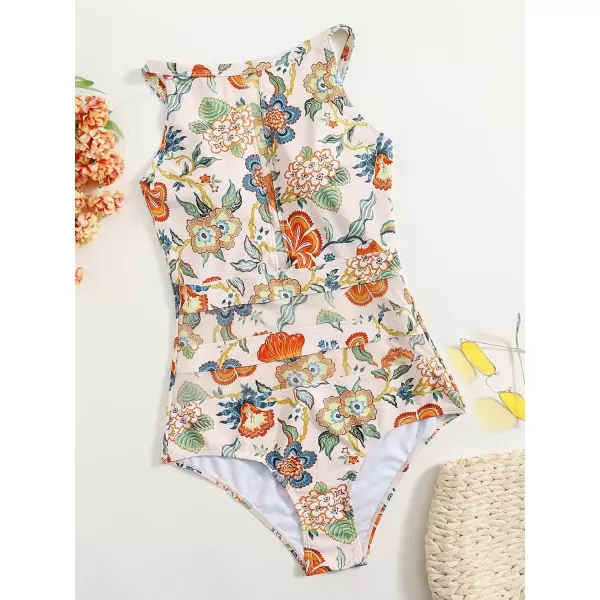 WDIRARA Women's Random Floral Print Swimwear High Neck Sleeveless Onepiece Swimsuit