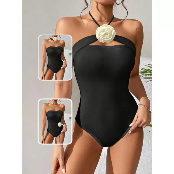 WDIRARA Women's Rose Halter Strapless One Piece Tube Swimsuit Sleeveless Monokini Swimwear