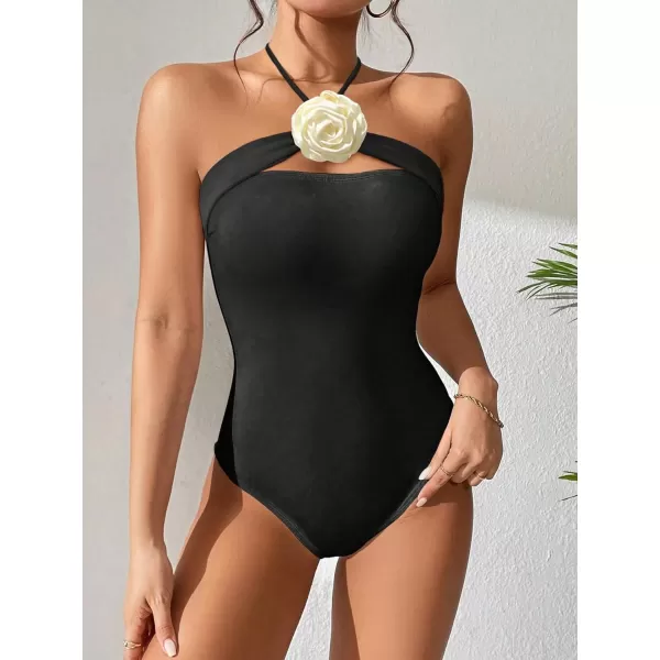 WDIRARA Women's Rose Halter Strapless One Piece Tube Swimsuit Sleeveless Monokini Swimwear