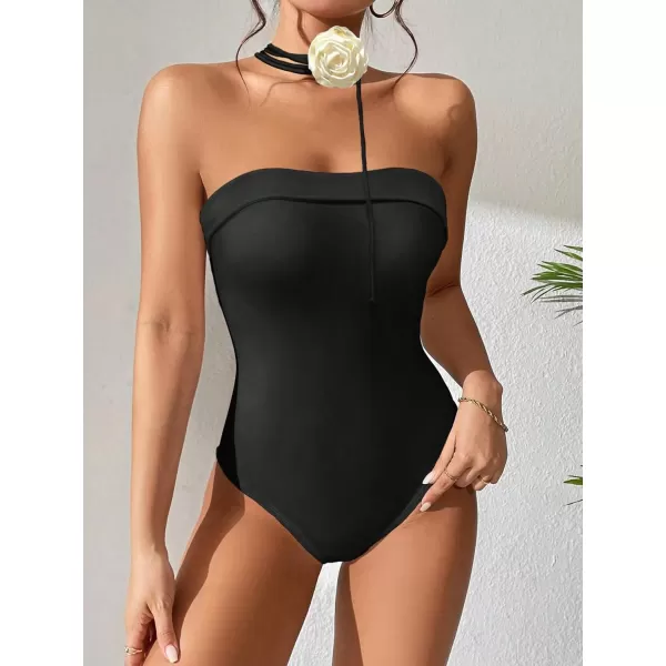 WDIRARA Women's Rose Halter Strapless One Piece Tube Swimsuit Sleeveless Monokini Swimwear