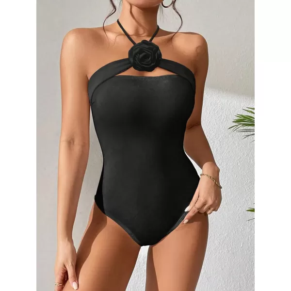 WDIRARA Women's Rose Halter Strapless One Piece Tube Swimsuit Sleeveless Monokini Swimwear
