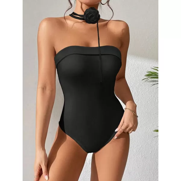 WDIRARA Women's Rose Halter Strapless One Piece Tube Swimsuit Sleeveless Monokini Swimwear