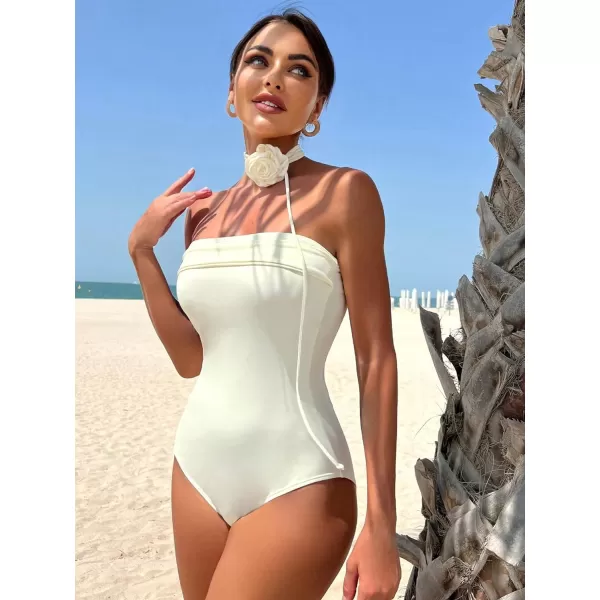 WDIRARA Women's Rose Halter Strapless One Piece Tube Swimsuit Sleeveless Monokini Swimwear