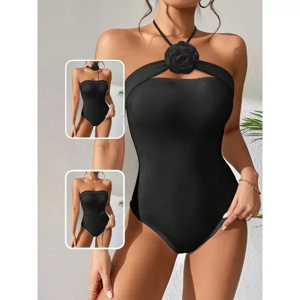 WDIRARA Women's Rose Halter Strapless One Piece Tube Swimsuit Sleeveless Monokini Swimwear