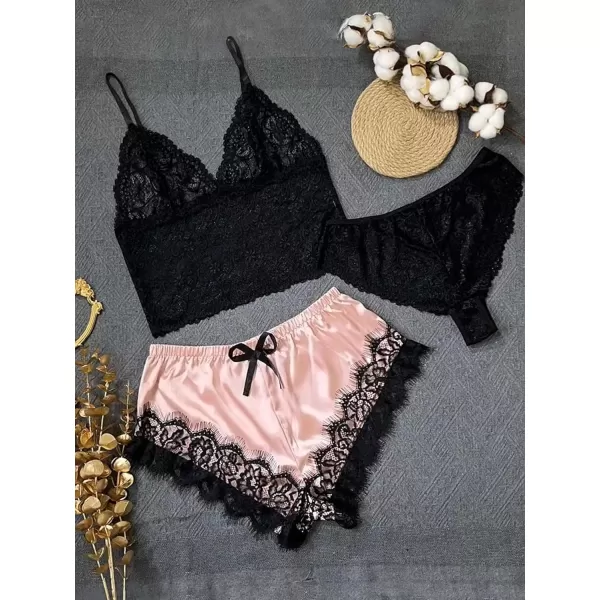 WDIRARA Women's Sleepwear 3 Pieces Floral Lace Scallop Trim Cami Top with Panty and Satin Shorts Lingerie Pajama Set