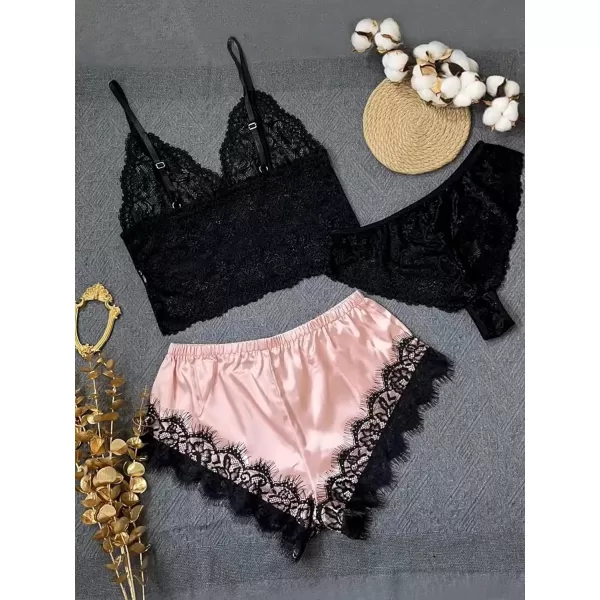 WDIRARA Women's Sleepwear 3 Pieces Floral Lace Scallop Trim Cami Top with Panty and Satin Shorts Lingerie Pajama Set