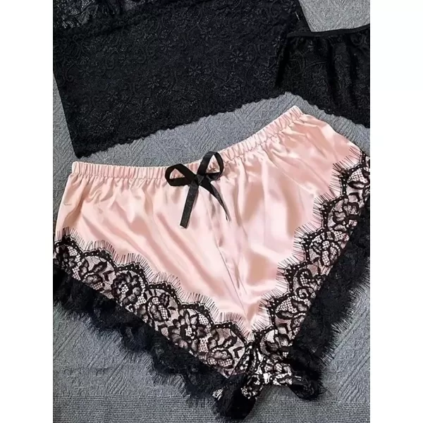 WDIRARA Women's Sleepwear 3 Pieces Floral Lace Scallop Trim Cami Top with Panty and Satin Shorts Lingerie Pajama Set
