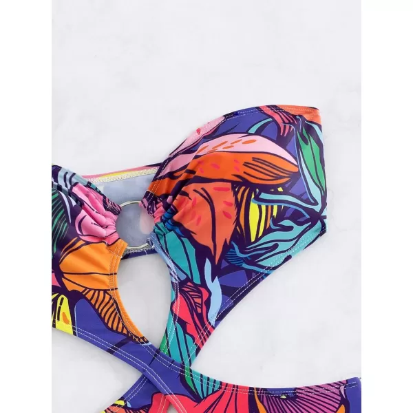 WDIRARA Women's Strapless Cut Out One Piece Swimsuit Tropical Print High Cut Swimsuit