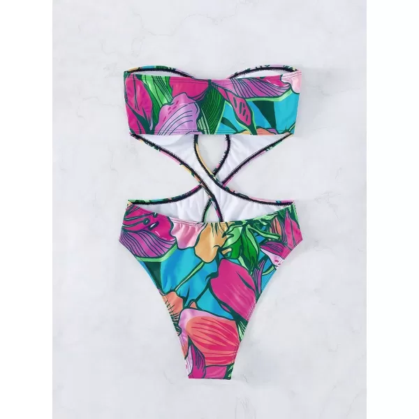 WDIRARA Women's Strapless Cut Out One Piece Swimsuit Tropical Print High Cut Swimsuit