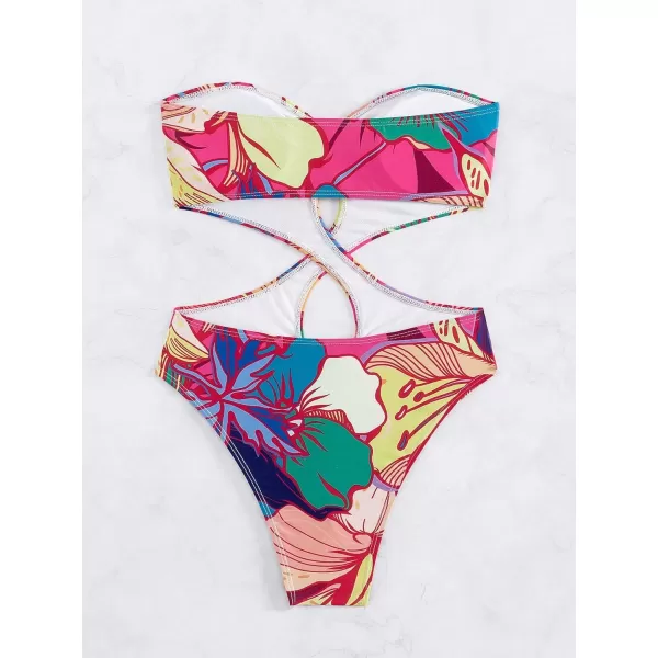 WDIRARA Women's Strapless Cut Out One Piece Swimsuit Tropical Print High Cut Swimsuit