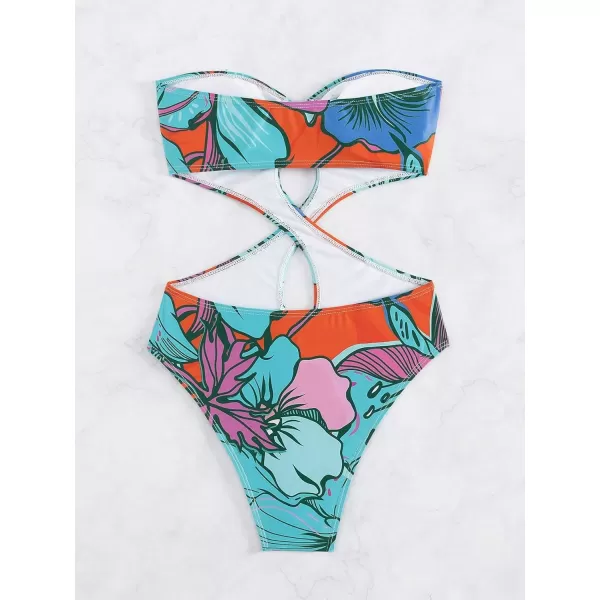 WDIRARA Women's Strapless Cut Out One Piece Swimsuit Tropical Print High Cut Swimsuit