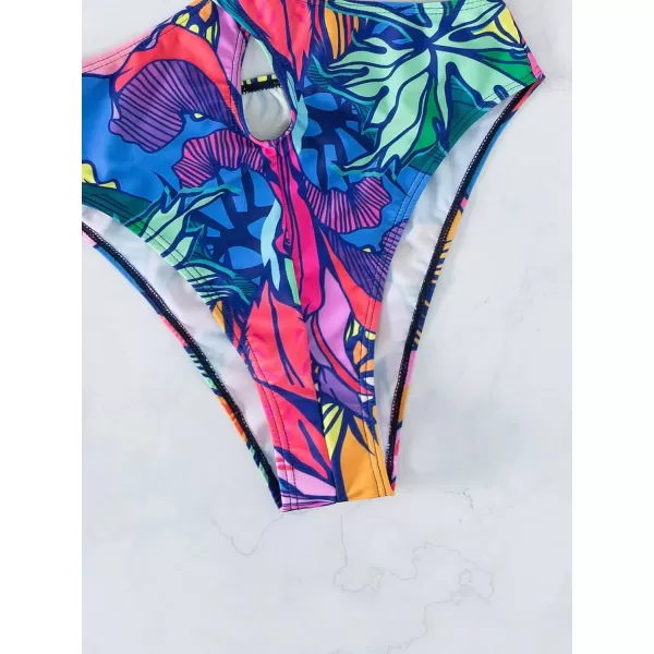 WDIRARA Women's Strapless Cut Out One Piece Swimsuit Tropical Print High Cut Swimsuit