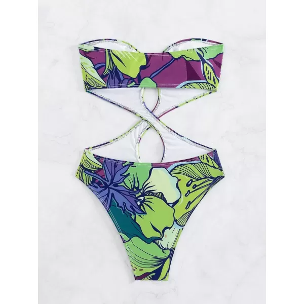 WDIRARA Women's Strapless Cut Out One Piece Swimsuit Tropical Print High Cut Swimsuit